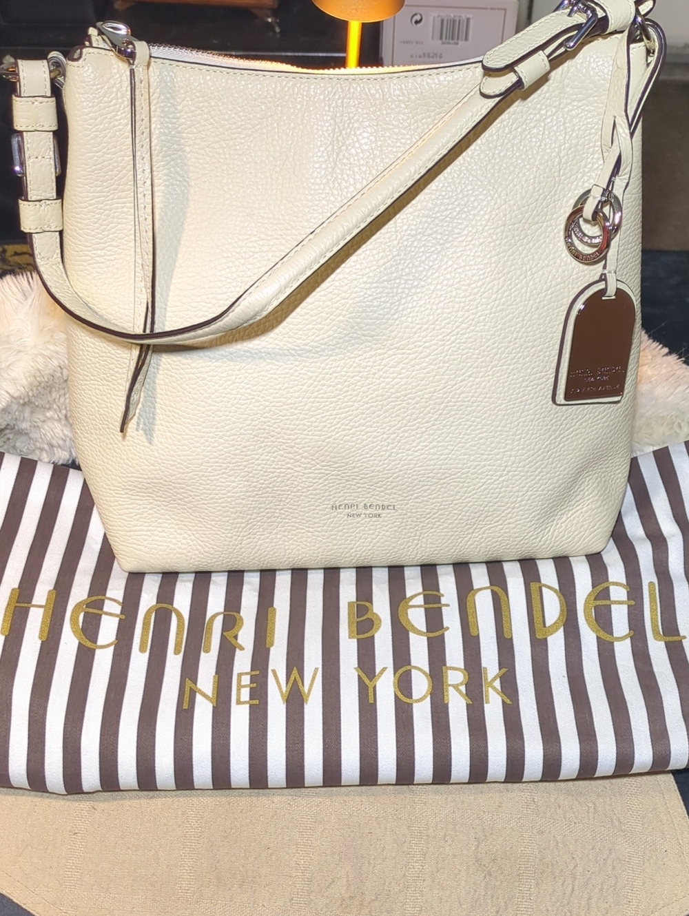 henri bendel Ivory Pebbled Leather Shoulder Bag W/ Charms & Dust Bag NOW $150